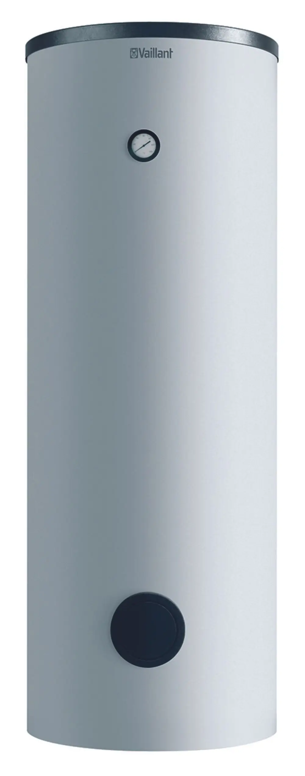 Wasserwärmespeicher in zylindrischer Form von Vaillant, mit manometer und schwarzem oberen Deckel, geeignet für thermische Anwendungen.